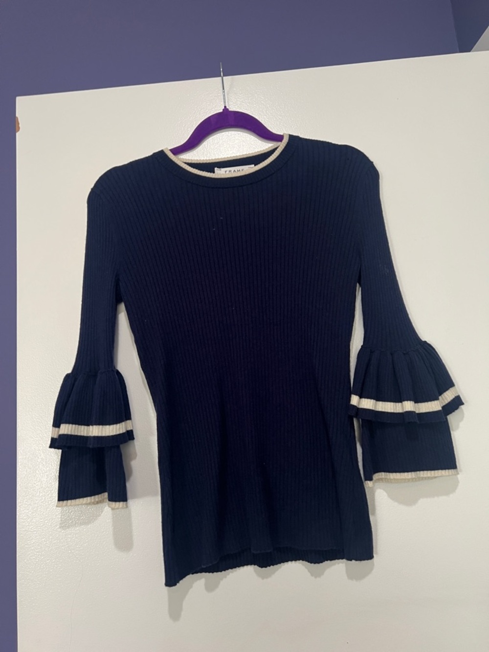 Frame Denim Navy Ribbed Long Sleeve Top with Cream Trim